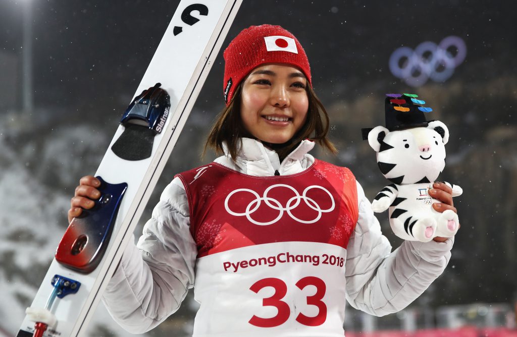 PYEONGCHANG-GUN, SOUTH KOREA - FEBRUARY 12:  Bronze medalist Sara Takanashi of Japan celebrates after the Ladies' Normal Hill Individual Ski Jumping Final on day three of the PyeongChang 2018 Winter Olympic Games at Alpensia Ski Jumping Centre on February 12, 2018 in Pyeongchang-gun, South Korea.  (Photo by Clive Mason/Getty Images)